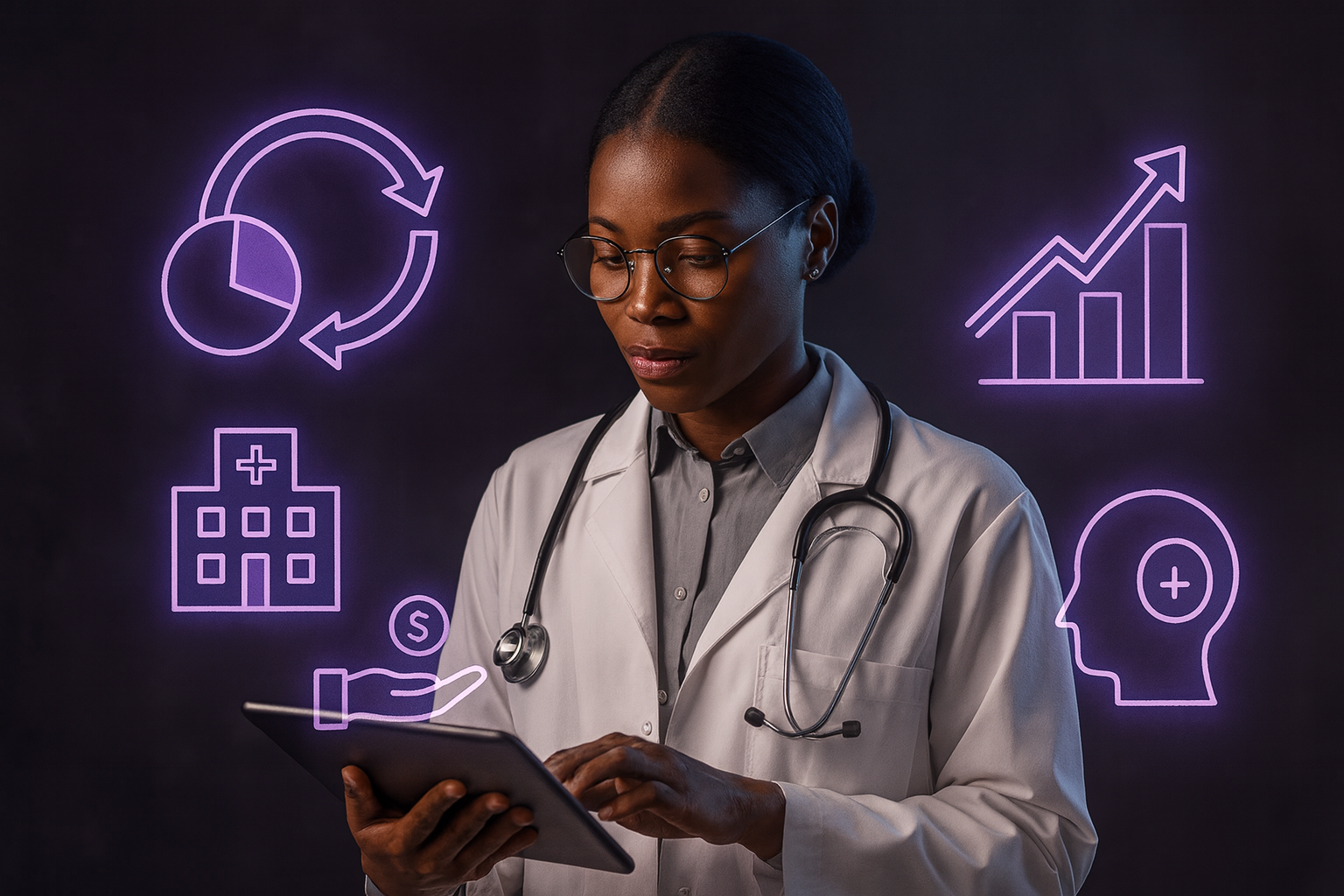 Médica analisando dados em um tablet com ícones holográficos em tons de roxo que representam ciclo de receita hospitalar sobre um fundo escuro.
