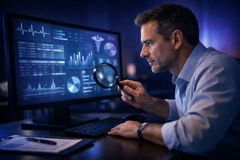 Auditor médico analisando dados de contas hospitalares em tela com gráficos e indicadores assistenciais usando lupa para auditoria retrospectiva